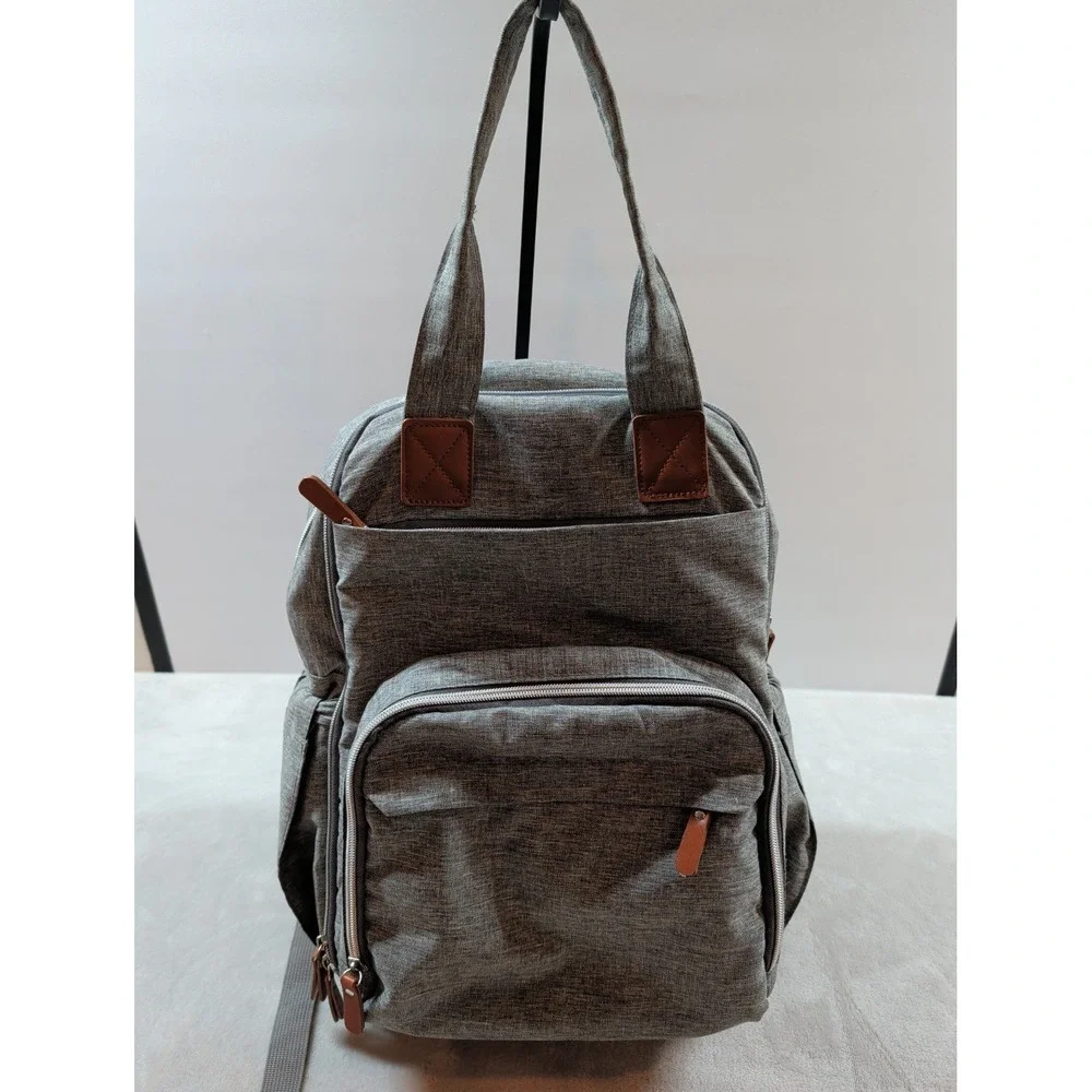 Trend Lab Gray Diaper Bag Backpack‎ Heathered Fabric Brown Trim 178-60771